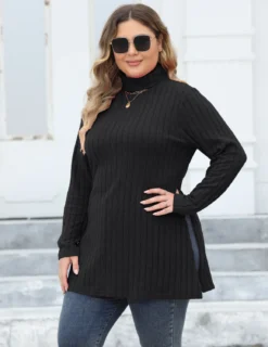 Women's Tops Plus Size Women's Turtleneck Slim Fit Basic Shirt Ribbed Slit Midi T-Shirt -Plus Size Dresses Shop 1514eb6986c80338