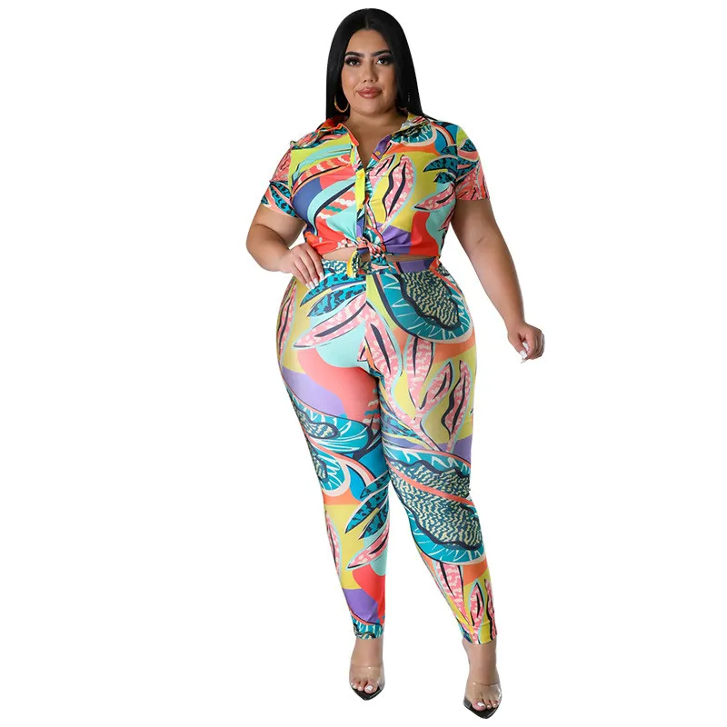 Plus Size Women's Printed Summer Short Sleeve Shirt Trousers Fashion Casual Two Piece Set 17 Plus Size Women's Printed Summer Short Sleeve Shirt Trousers Fashion Casual Two Piece Set - Image 15