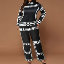 Plus Size Women Stand Collar Striped Long Sleeve Top And Straight Pants Two-piece Set -Plus Size Dresses Shop 16622f763d9d63b3