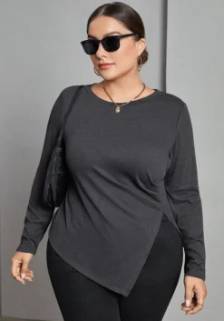 Plus Size Women's Autumn And Winter Long Sleeve T-Shirt Irregular Slit Versatile Basic Slim Top -Plus Size Dresses Shop 16cf4a603a177a89