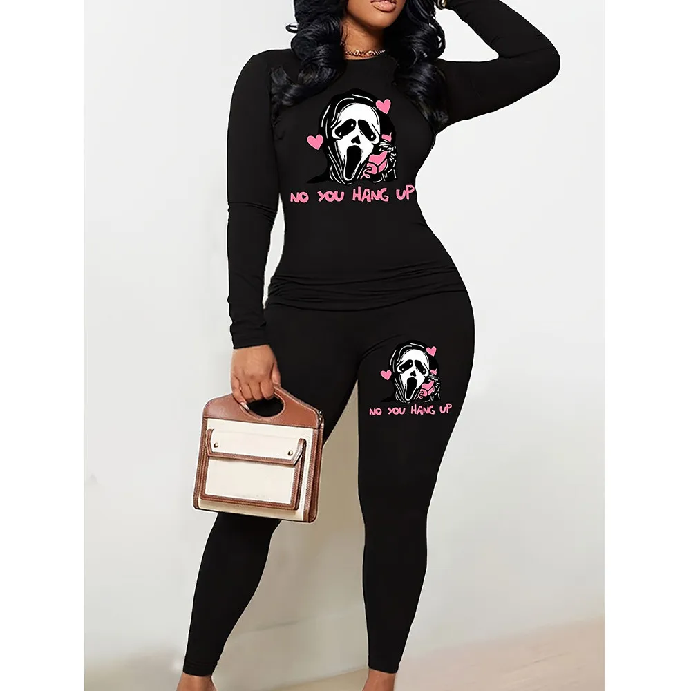 Plus Size Women Pink Skull Print Two-piece Set 3 Plus Size Women Pink Skull Print Two-piece Set