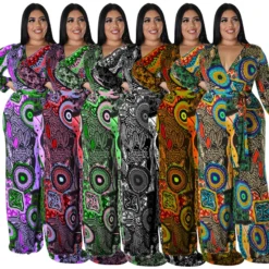 Plus Size Women Fall Print Long Sleeve Jumpsuit -Plus Size Dresses Shop 16d82a33972e9c67