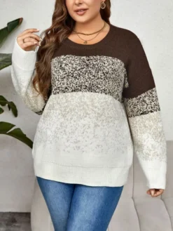 Plus Size Women Color Block Round Neck Long Sleeve Top -Plus Size Dresses Shop 16e506274c5c4440