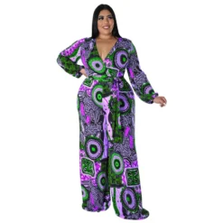 Plus Size Women Fall Print Long Sleeve Jumpsuit