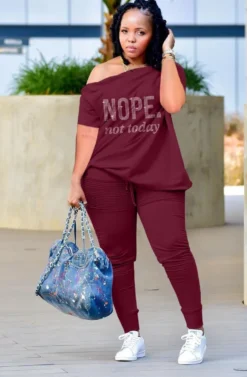 Women Summer Burgunry Casual Slash Neck Short Sleeves Letter Print Button Top Plus Size Two Piece Pants Set -Plus Size Dresses Shop 18592a7a129d6cde