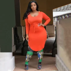 Autumn/Winter Plus Size Ladies Sexy U-Neck Solid High Waist Drawstring Irregular Dress For Women -Plus Size Dresses Shop 1863034346526916