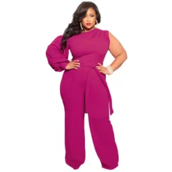 Fall Plus Size Women'S Slash Shoulder Single Sleeve Wide Leg Jumpsuit With Belt -Plus Size Dresses Shop 18b8730ccf0892fb