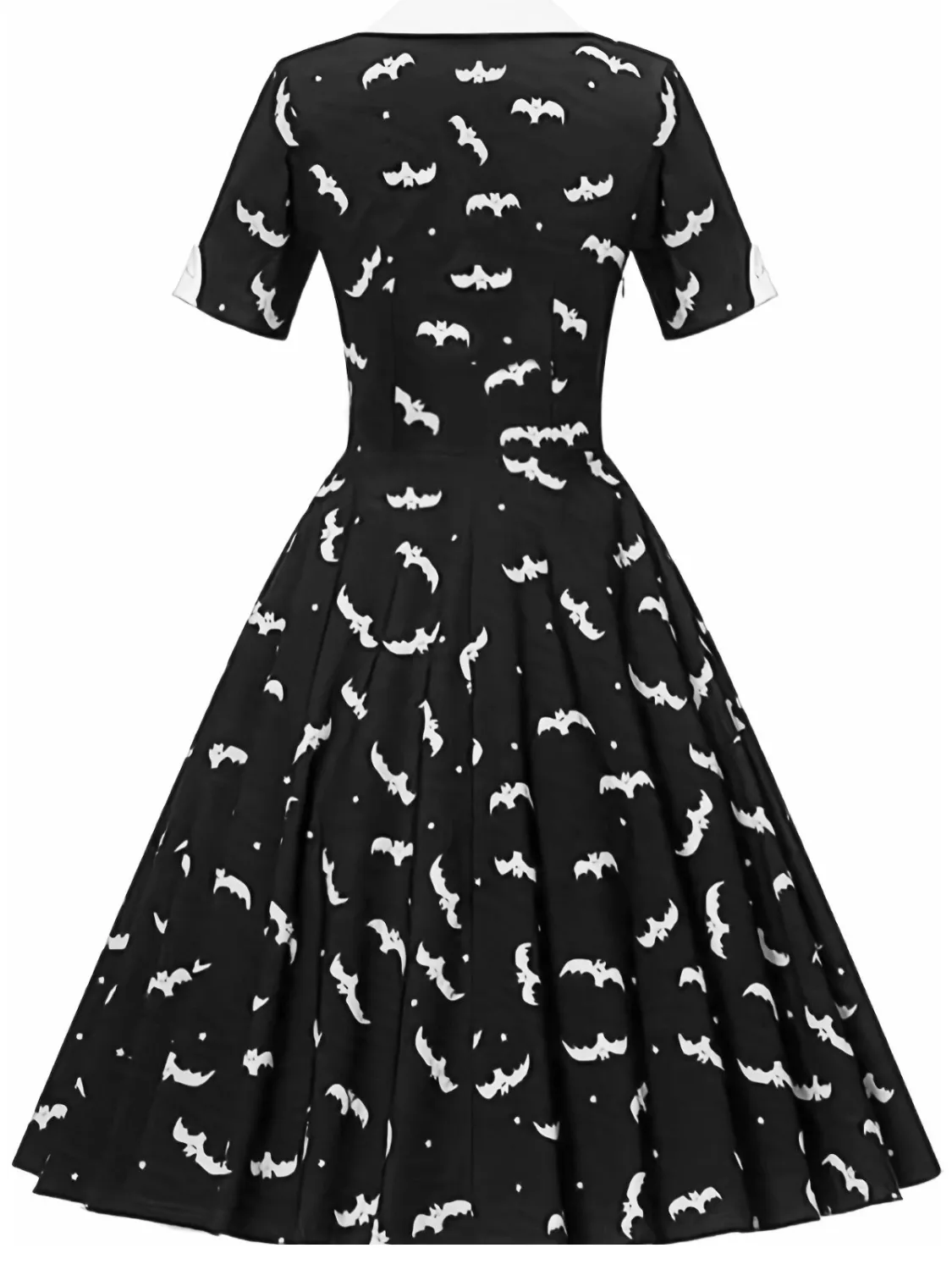 Halloween Witch Bat Print Short Sleeve Button Black And White Turndown Collar Retro A-Line Swing Dress 9 Halloween Witch Bat Print Short Sleeve Button Black And White Turndown Collar Retro A-Line Swing Dress - Image 7