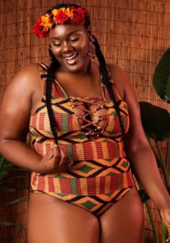 African Print One-Piece Lace-Up Plus Size Swimsuit -Plus Size Dresses Shop 18ffef41d6673fb6