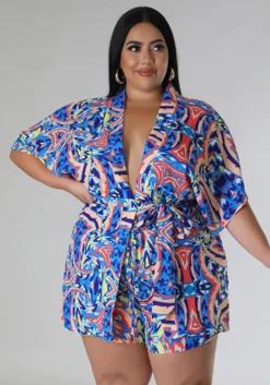 Summer Plus Size Loose Print Blouse Lace-Up Shorts Multi-Color Two-Piece Set -Plus Size Dresses Shop 19043f95fe972784