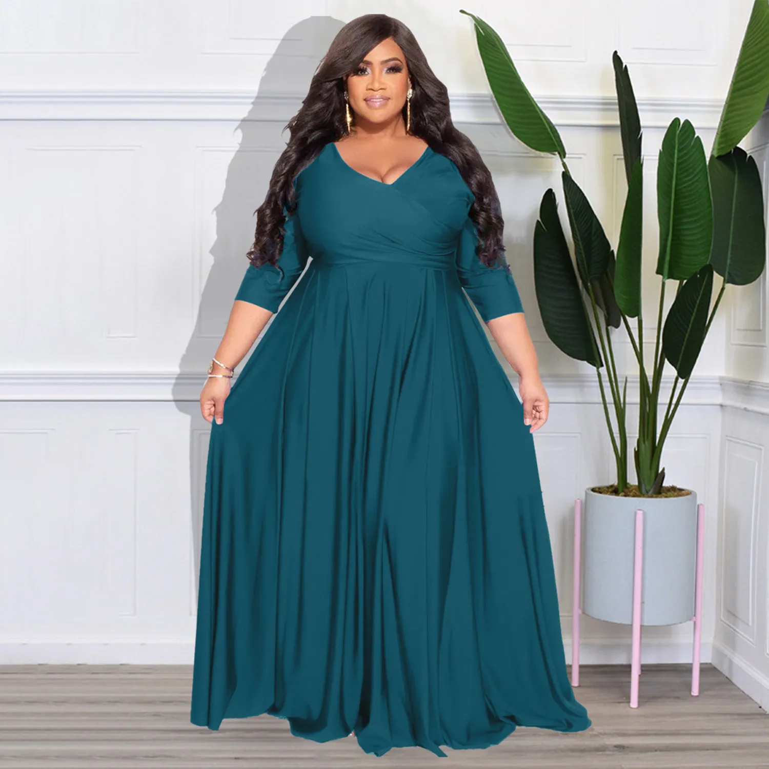 Plus Size Women's Solid Color V-Neck Sexy Long Dress 5 Plus Size Women's Solid Color V-Neck Sexy Long Dress - Image 3