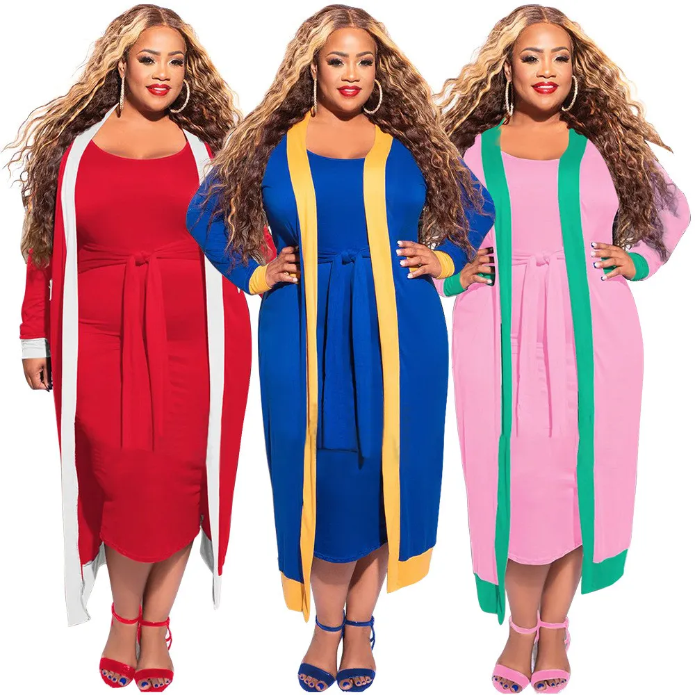 Plus Size Women Casual Contrast Stripe Long Sleeve Jacket + Tank Top Dress 8 Plus Size Women Casual Contrast Stripe Long Sleeve Jacket + Tank Top Dress - Image 6