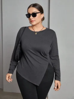 Plus Size Women's Autumn And Winter Long Sleeve T-Shirt Irregular Slit Versatile Basic Slim Top -Plus Size Dresses Shop 196db28b445514bb