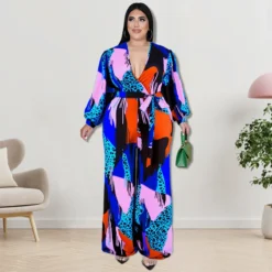 Plus Size Women Long Sleeve V-Neck Bell Bottom Jumpsuit -Plus Size Dresses Shop 1a2e23eda9a3125f