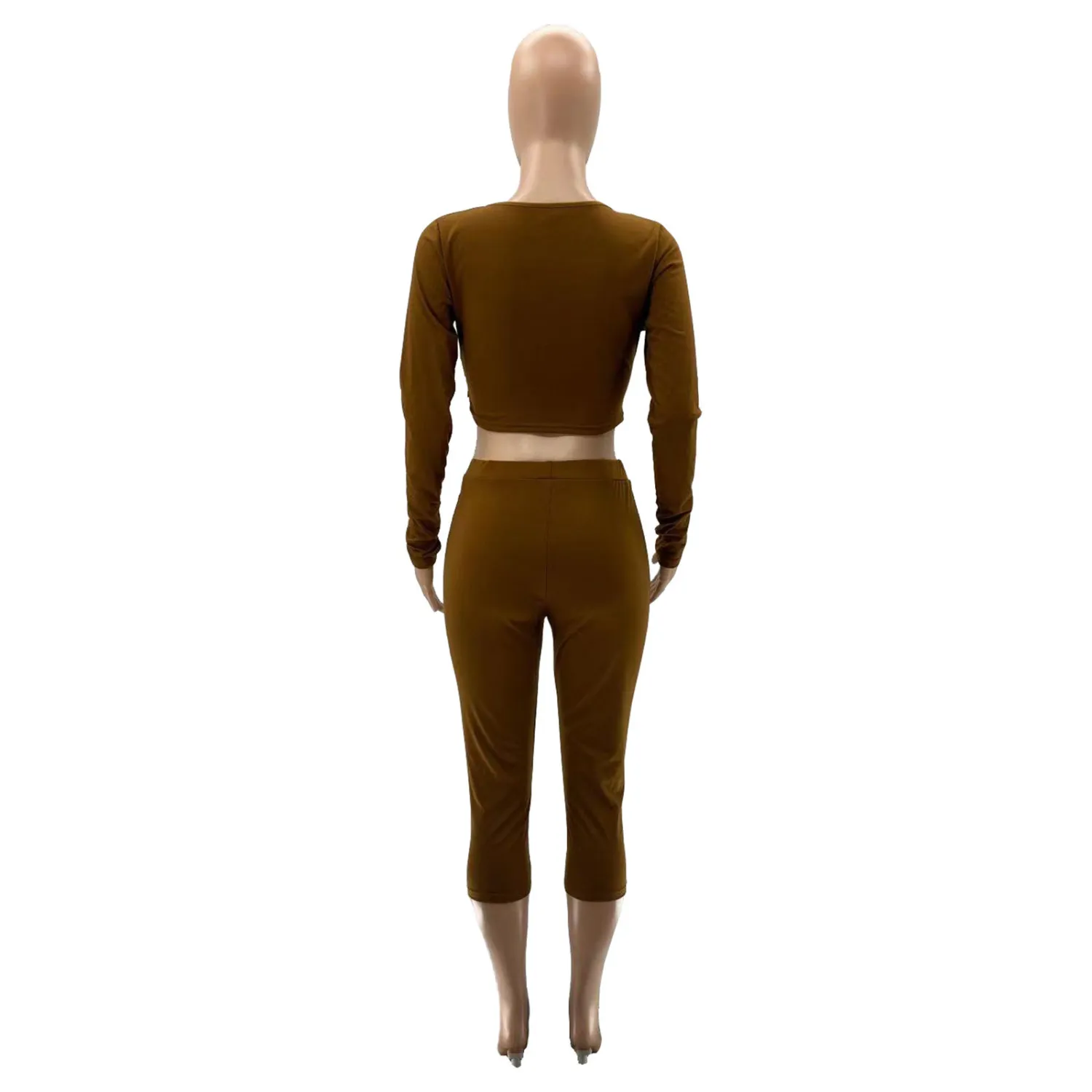 Autumn And Winter Plus Size Women's Solid Color Long Sleeve 7-Point Pants Sexy Casual Two Piece Set 11 Autumn And Winter Plus Size Women's Solid Color Long Sleeve 7-Point Pants Sexy Casual Two Piece Set - Image 9