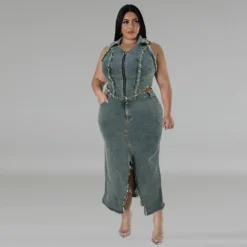 Plus Size Women's Denim Sleeveelss Zipper Top Slit Long Skirt Two Piece Set 18 Plus Size Women's Denim Sleeveelss Zipper Top Slit Long Skirt Two Piece Set -Plus Size Dresses Shop 1a5efe8651e15d29