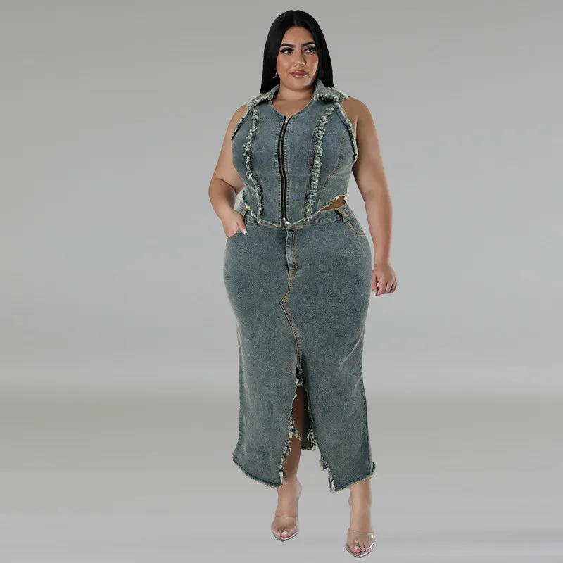 Plus Size Women's Denim Sleeveelss Zipper Top Slit Long Skirt Two Piece Set 10 Plus Size Women's Denim Sleeveelss Zipper Top Slit Long Skirt Two Piece Set - Image 8