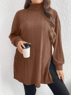 Plus Size Women High Neck Slit Knitting T-Shirt -Plus Size Dresses Shop 1b1d98b1104004de