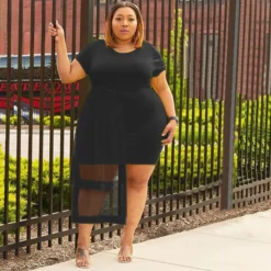 Round Neck Mesh Patchwork Plus Size Women's Short Sleeve Irregular See-Through Dress -Plus Size Dresses Shop 1b4f5b1262388300