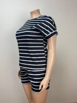 Fashion Plus Size Round Neck Casual Loose Comfort Striped Two Piece Shorts Set