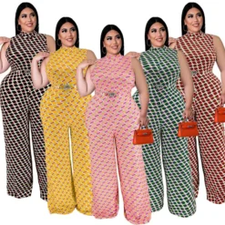 Plus Size Women Clothes Elegant Plaid Stand Collar Sleeveless Wide Leg Jumpsuit -Plus Size Dresses Shop 1c034e4c89e61d16