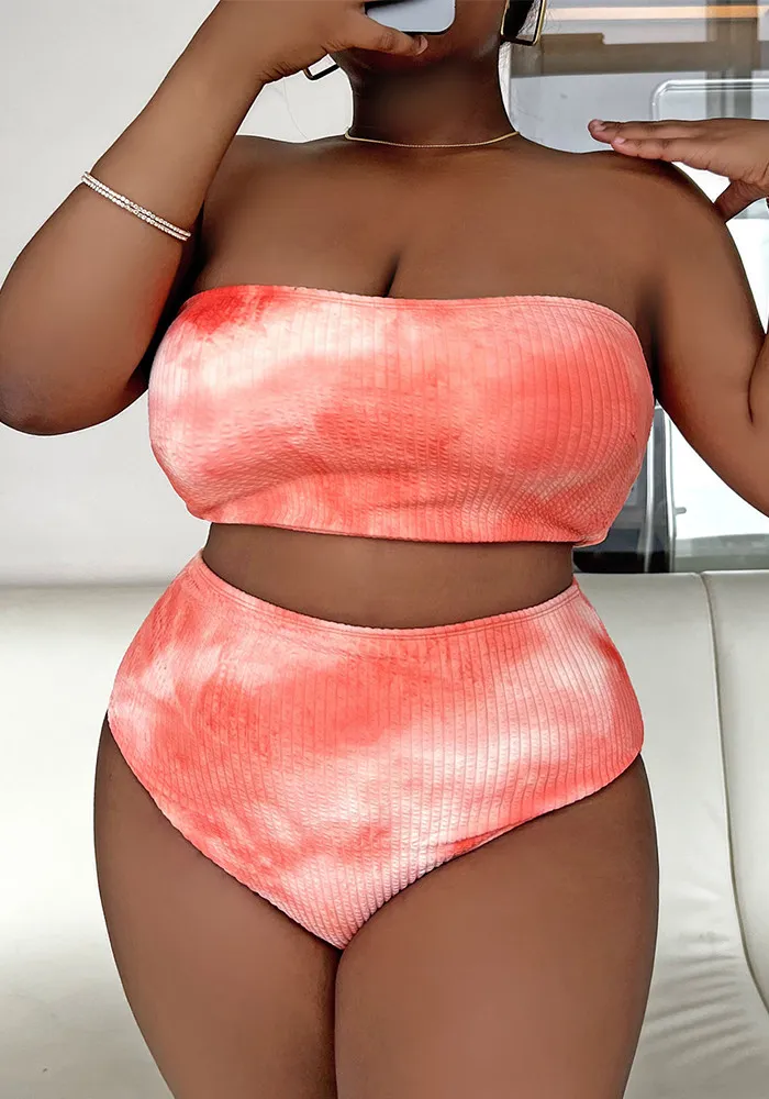 Sexy Plus Size Orange Tie Dye Strapless High Waist Bikini 7 Sexy Plus Size Orange Tie Dye Strapless High Waist Bikini - Image 5