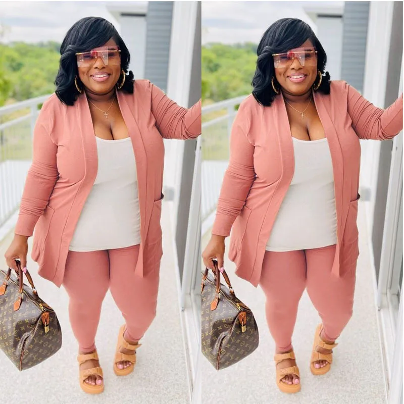 Spring Plus Size Fashion Women's Sexy Solid Color Cardigan Tight Fitting Three-Piece Pants Set 3 Spring Plus Size Fashion Women's Sexy Solid Color Cardigan Tight Fitting Three-Piece Pants Set