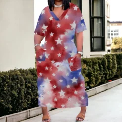 Women's Printed V-Neck Short-Sleeved Loose Pocket Dress -Plus Size Dresses Shop 1c94642cea44baec