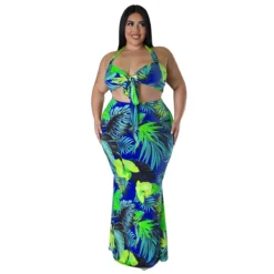 Spring Print Halter Neck Tie Dress Set -Plus Size Dresses Shop 1d43710a408b4e0e