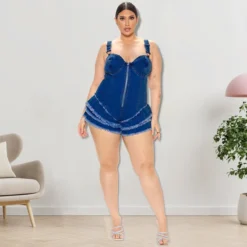 Plus Size Women's Fall Sexy Strapless Wash Denim Jumpsuit