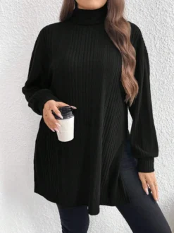 Plus Size Women High Neck Slit Knitting T-Shirt