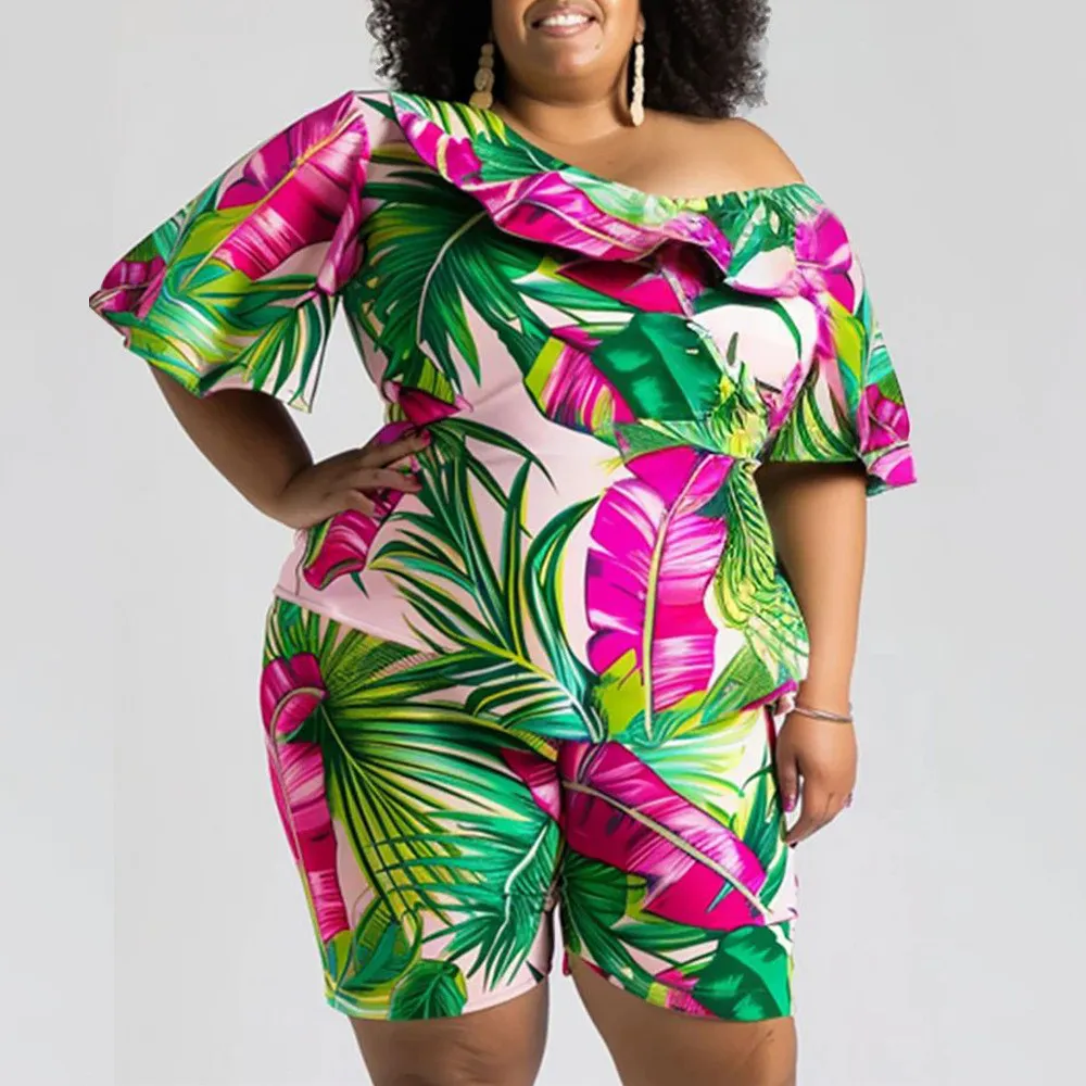 Summer Women's Sexy Fashion Print Ruffled Slash Shoulder Plus Size Two Piece Shorts Set 5 Summer Women's Sexy Fashion Print Ruffled Slash Shoulder Plus Size Two Piece Shorts Set - Image 3
