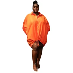 Solid Long Sleeve Loose Drawstring Shirt Plus Size Dress