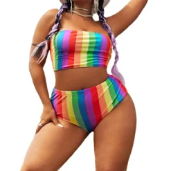 Plus Size Women Rainbow Stripe Print Two Pieces Swimwear -Plus Size Dresses Shop 1f11a820b72430ee
