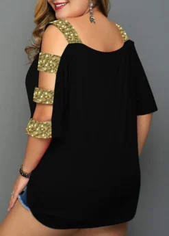 Plus Size Women Off Shoulder Hollow Sequin T-Shirt -Plus Size Dresses Shop 1f22b1b7645429a0