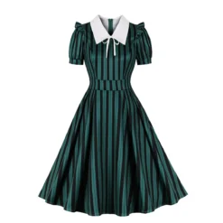 Women Striped Peter Pan Collar Lace-Up Puff Short Sleeve Vintage Dress -Plus Size Dresses Shop 1fa62bc8a31b8ad2