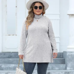 Women's Tops Plus Size Women's Turtleneck Slim Fit Basic Shirt Ribbed Slit Midi T-Shirt -Plus Size Dresses Shop 2044e58dc0037d7e