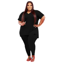 Plus Size Solid Color V-neck Short Sleeve Two Piece Pants Set