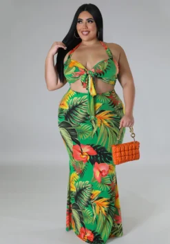 Spring Print Halter Neck Tie Dress Set -Plus Size Dresses Shop 20557593210ce21d