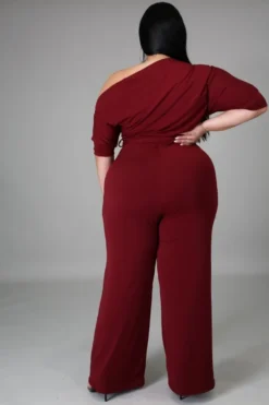 Summer Plus Size Burgunry Slash Shoulder Formal Jumpsuit