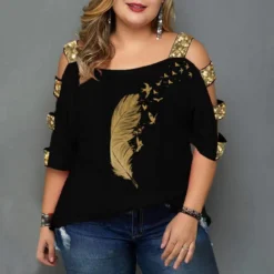 Plus Size Women Off Shoulder Hollow Sequin T-Shirt -Plus Size Dresses Shop 210d2b66dca21423