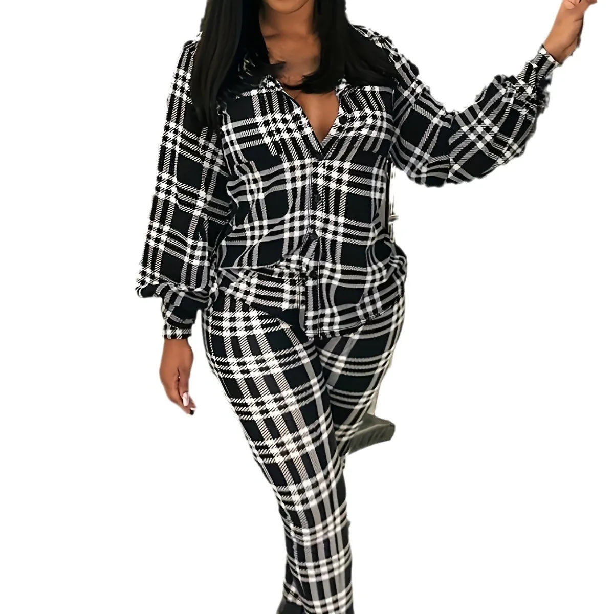 Plus Size Women Plaid Button Top And Pant Two-piece Set 4 Plus Size Women Plaid Button Top And Pant Two-piece Set - Image 2