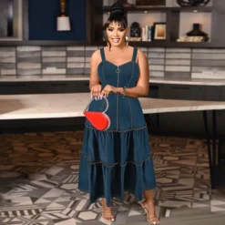 Plus Size Women's Sleeveless Strap Long Denim Dress -Plus Size Dresses Shop 21409e946512d8d7