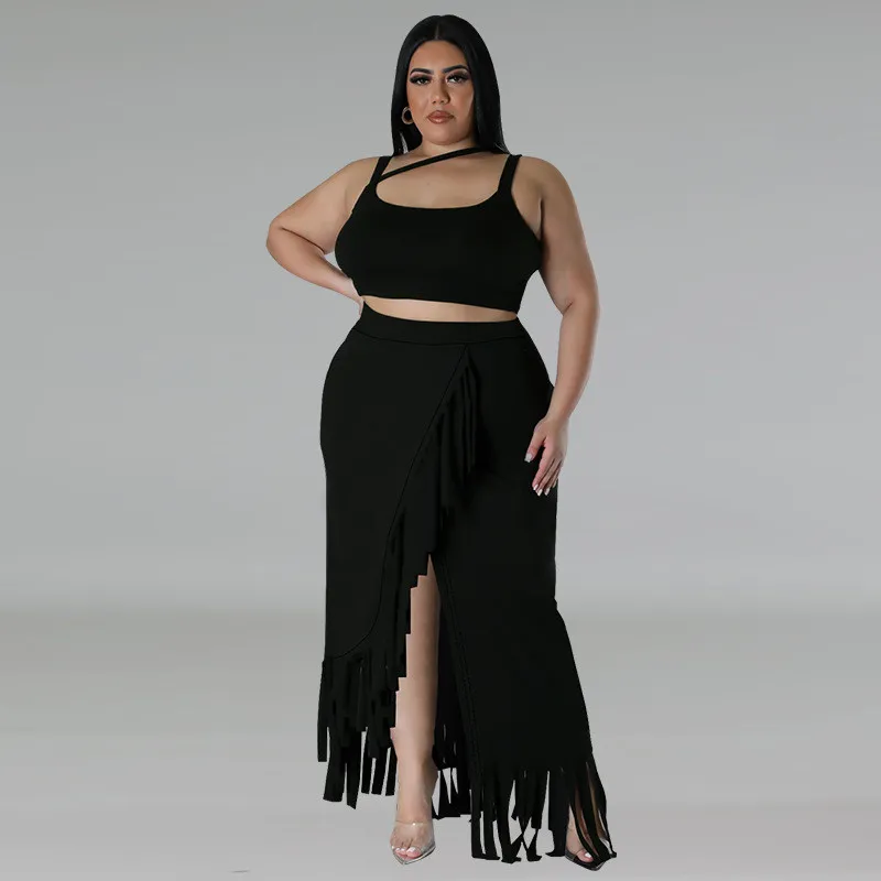 Plus Size Women's Tassel Irregular Sleeveless Two Piece Skirt Set 11 Plus Size Women's Tassel Irregular Sleeveless Two Piece Skirt Set - Image 9
