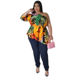Summer Printed Plus Size Ladies One Shoulder Long Sleeve Lace Up Top -Plus Size Dresses Shop 22ca9ab038433ee5