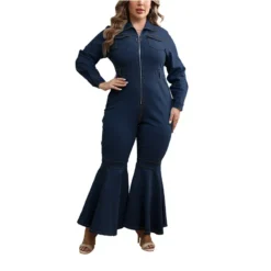 Plus Size Women's Zipper Turndown Collar Long Sleeve Bell Bottom Denim Jumpsuit -Plus Size Dresses Shop 22e8ba0d8f929c4f