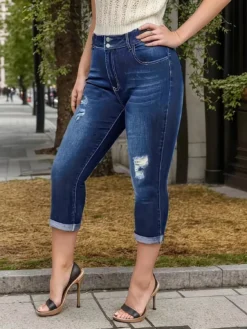 Plus Size Women Summer Ripped Stretch Denim Cropped Pants -Plus Size Dresses Shop 244bd52206a2546c