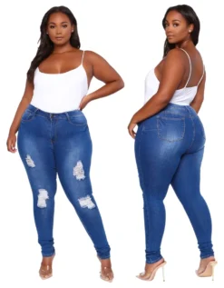 Plus Size High Waist Washed Dnim Blue Ripped Tight Jeans -Plus Size Dresses Shop 24bdf8261cb993d1