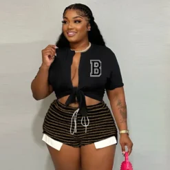 Striped Drawstring High Waist Shorts Sexy Fashion Casual Patchwork Plus Size Pants -Plus Size Dresses Shop 24f7284ac0777384