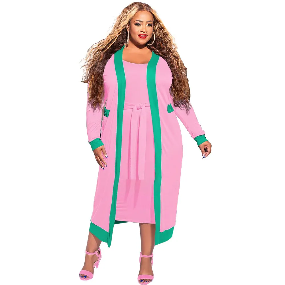 Plus Size Women Casual Contrast Stripe Long Sleeve Jacket + Tank Top Dress 10 Plus Size Women Casual Contrast Stripe Long Sleeve Jacket + Tank Top Dress - Image 8